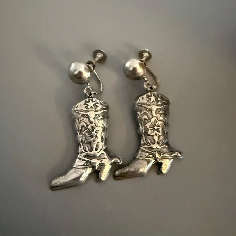 Vintage Silver Cowboy Western Boots Screw Back Earrings Circa 1970’s